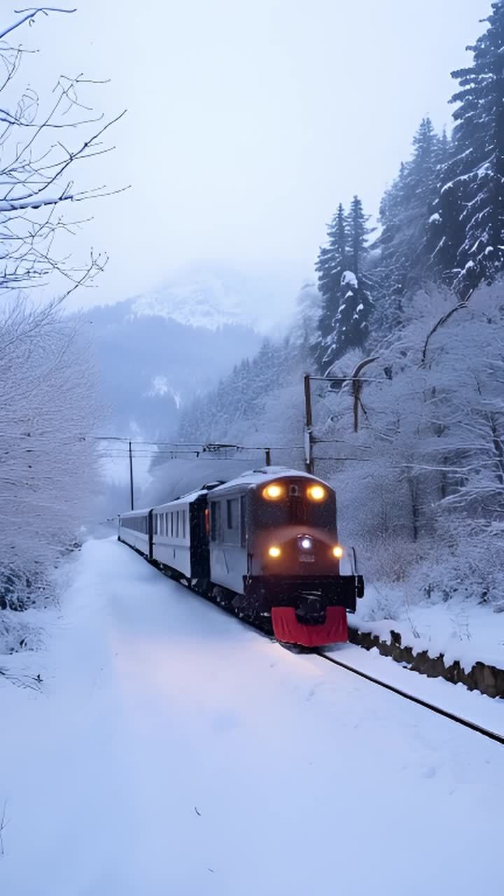 一列火车行驶在白雪覆盖的山区景观中，火车侧面被车头