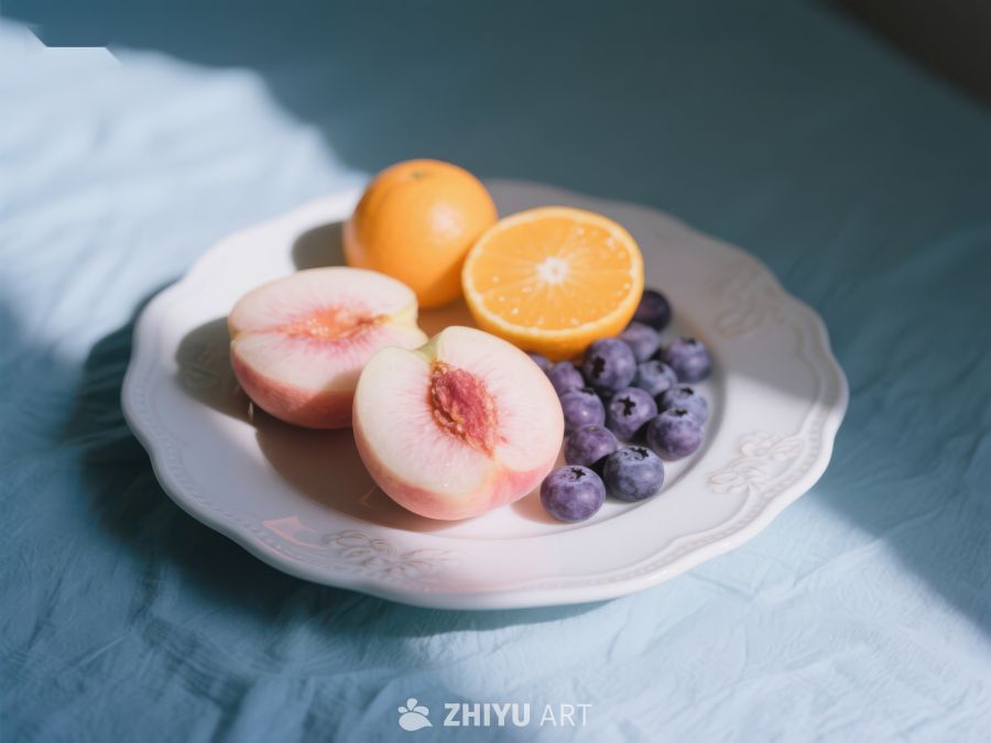 新鲜水果盘：桃子、橙子与蓝莓 616