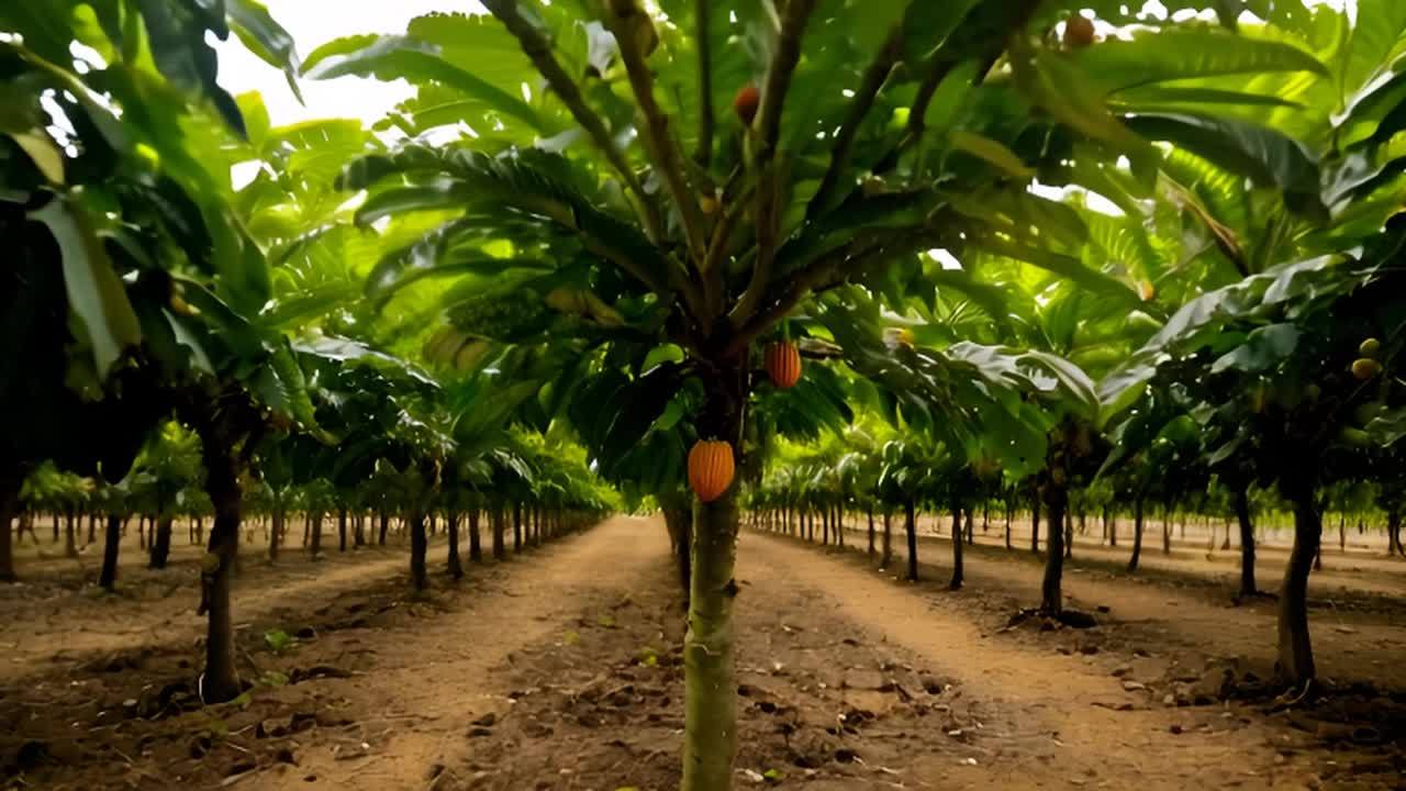 可可豆种植园里的一棵树，其果实从正常的颜色变为金黄