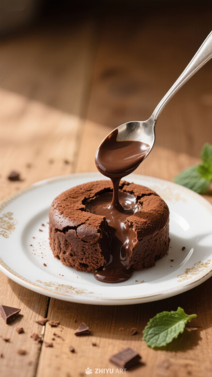 巧克力熔岩蛋糕，勺子舀出浓郁流心