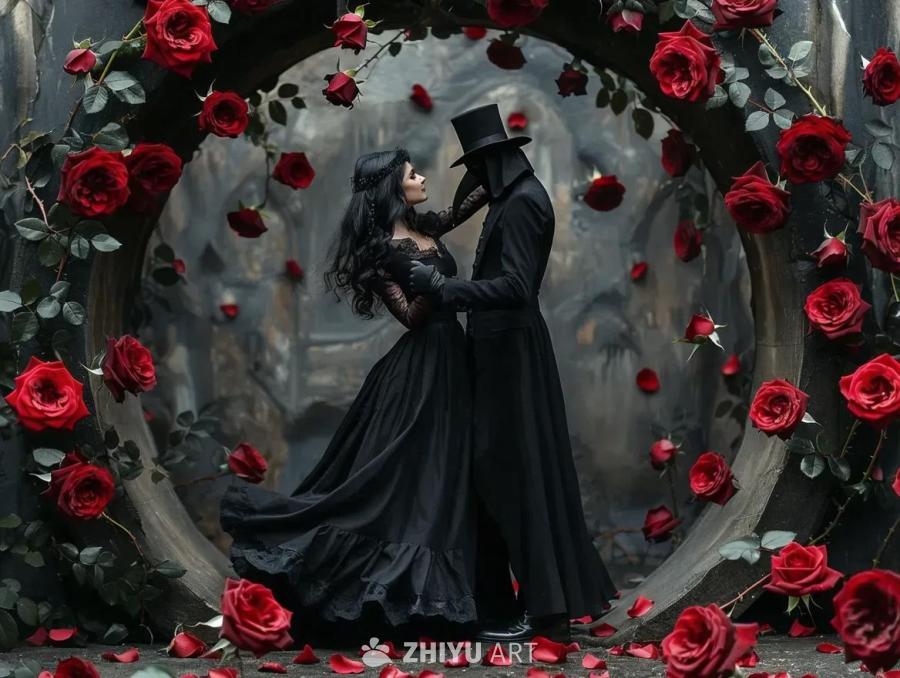 一男一女身穿黑色瘟疫医生服装，在一圈鲜红的玫瑰花环