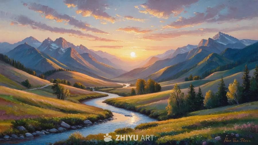 一幅油画，描绘了宁静的风景，拥有鲜艳的色彩和错综复