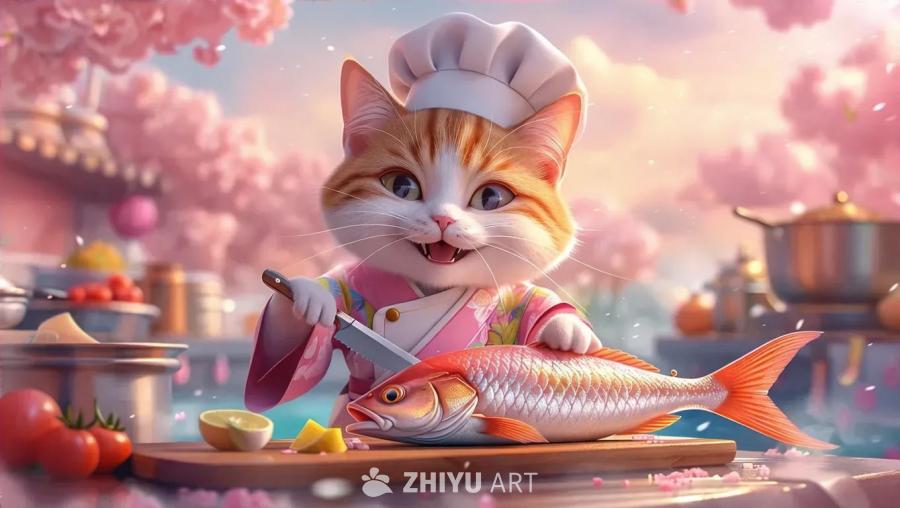 一只穿着衣服的猫厨师正在切割一条鱼。猫穿着粉色的衣