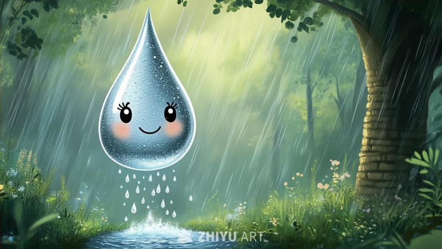 一个银色的水滴形状的雨点，有着拟人化的面部表情，正
