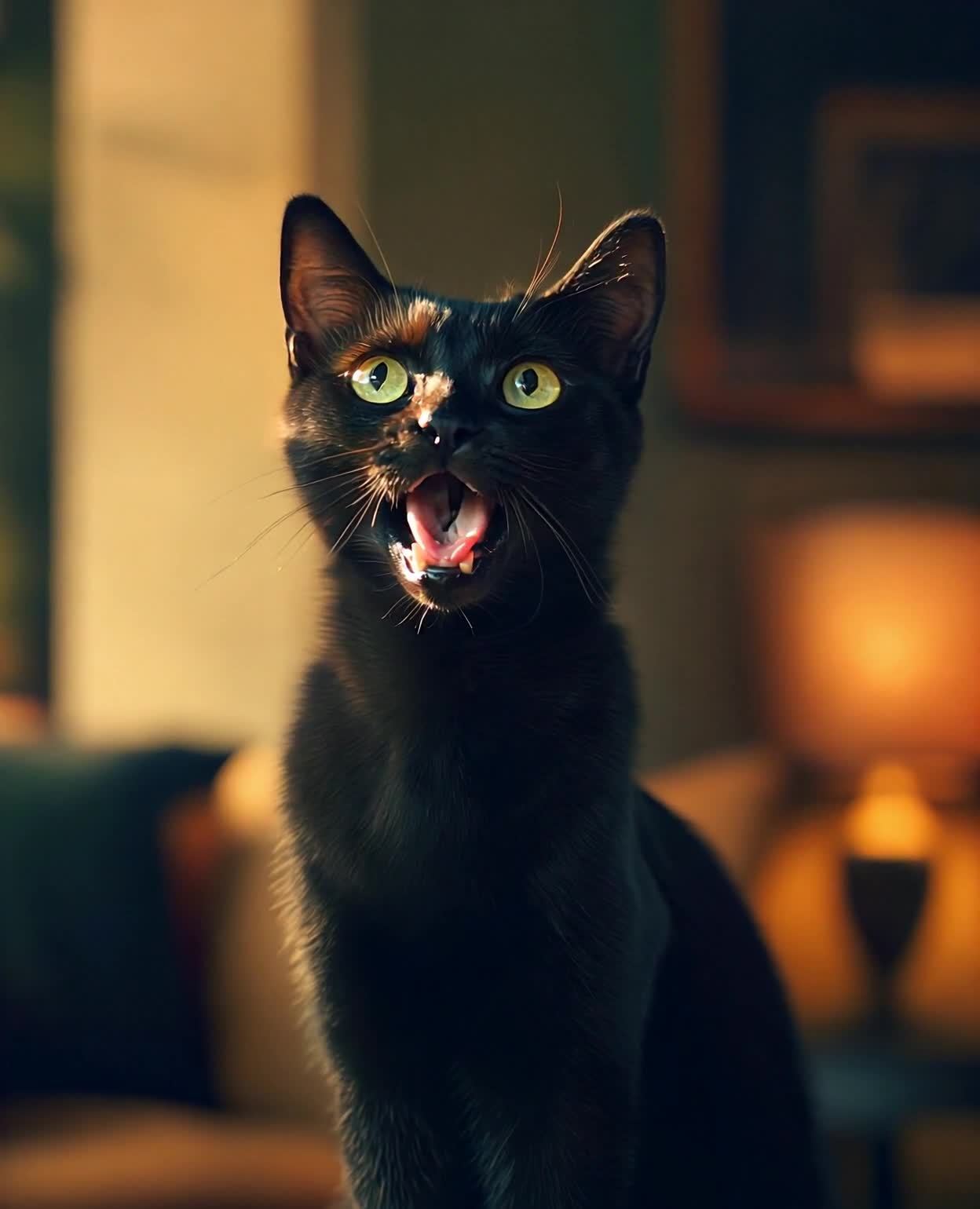 黑猫凝视着镜头，室内温馨的光影环境。