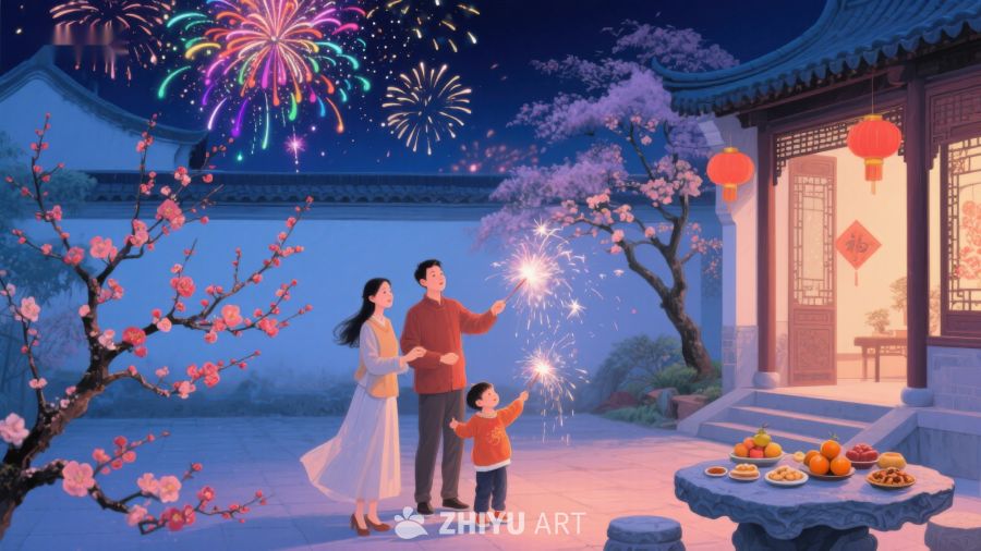夜景烟花下，家庭共度温馨时光 1189