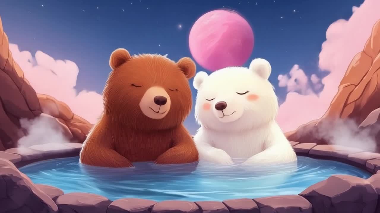 两只熊在浴池中，其中一只为棕色，另一只为白色。它们