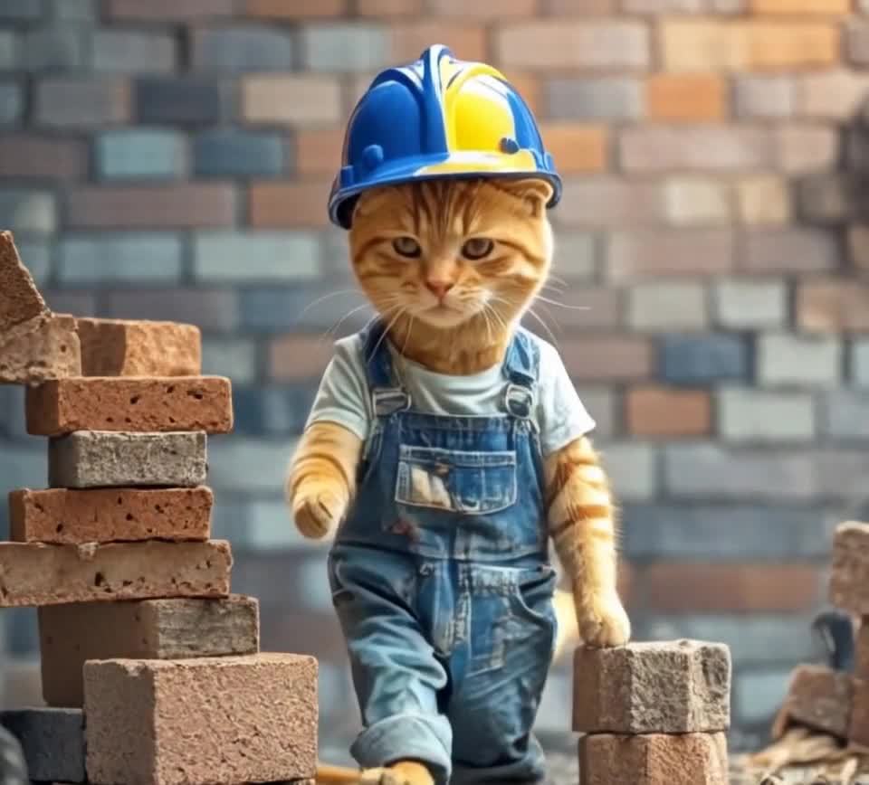戴安全帽穿背带裤的小猫搬运砖块