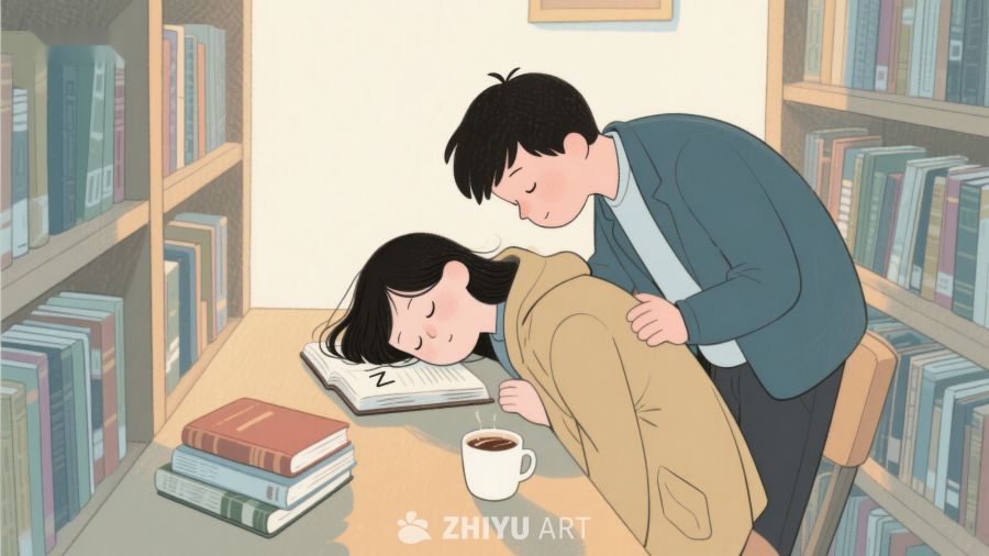 图书馆中温馨一幕：男生为女生盖上外套 343