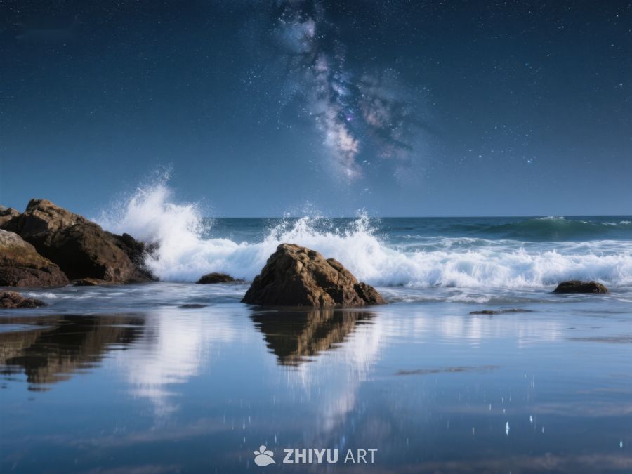 夜空下的海浪与岩石 299