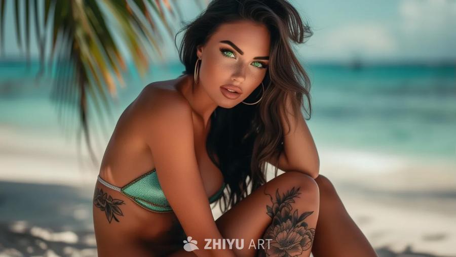 一位有着棕色头发和绿色眼睛的女性，身穿比基尼坐在沙