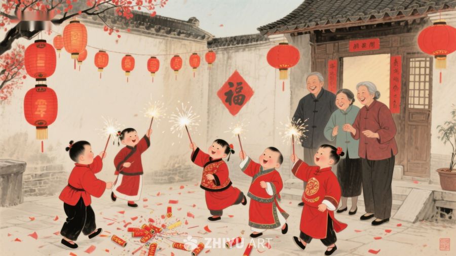 孩童燃放烟花，家人共庆新春 276