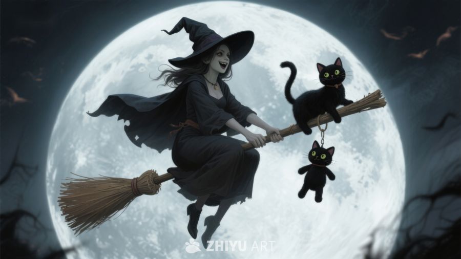 巫女骑扫帚，黑猫相伴夜空飞