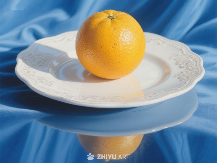 橙子置于白色盘上，蓝色背景衬托 83