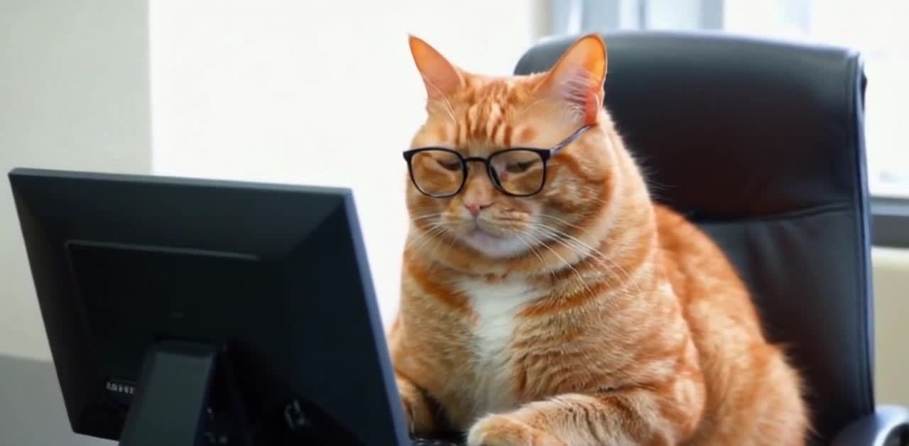 一只橘猫坐在办公室的电脑桌前，它戴着黑框眼镜，身体