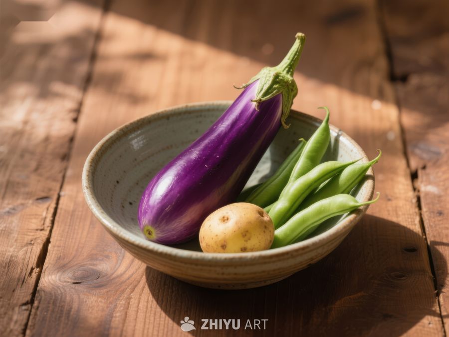 碗中新鲜蔬菜：茄子、土豆与四季豆 397