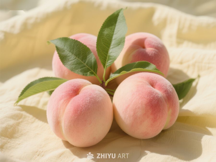 新鲜桃子与绿叶的静物组合 730