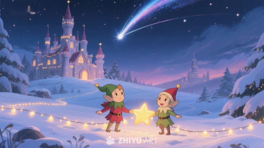 雪夜城堡前的精灵与流星 362