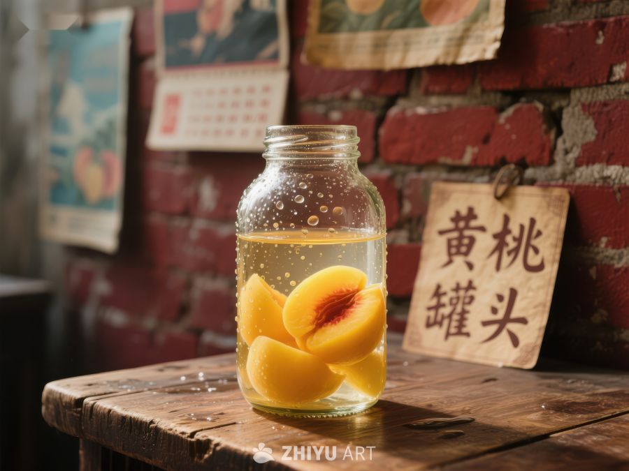 玻璃罐中的黄桃与砖墙背景 30
