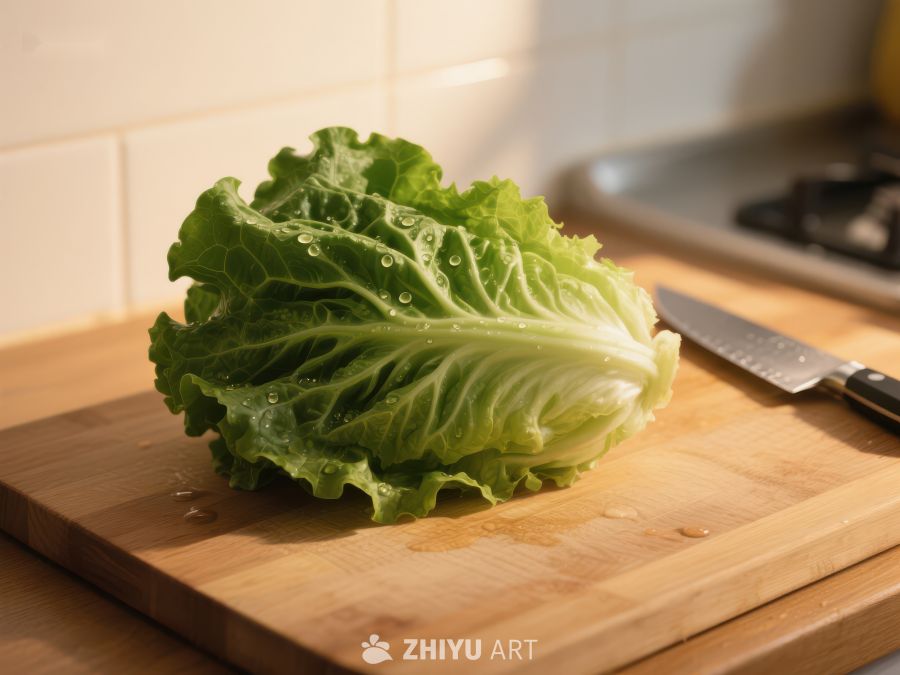 新鲜生菜置于木质砧板上 614