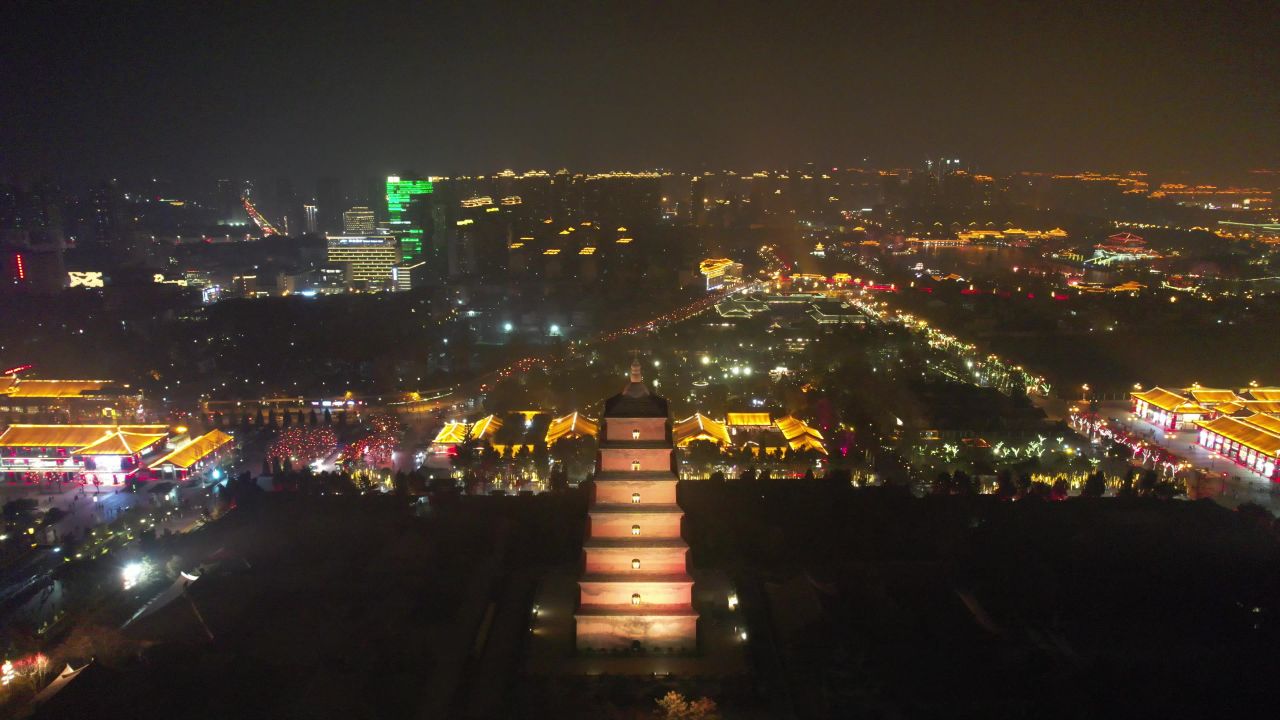 西安大雁塔夜景灯光航拍