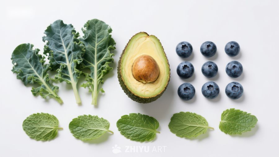 健康食材组合：羽衣甘蓝、牛油果、蓝莓与薄荷
