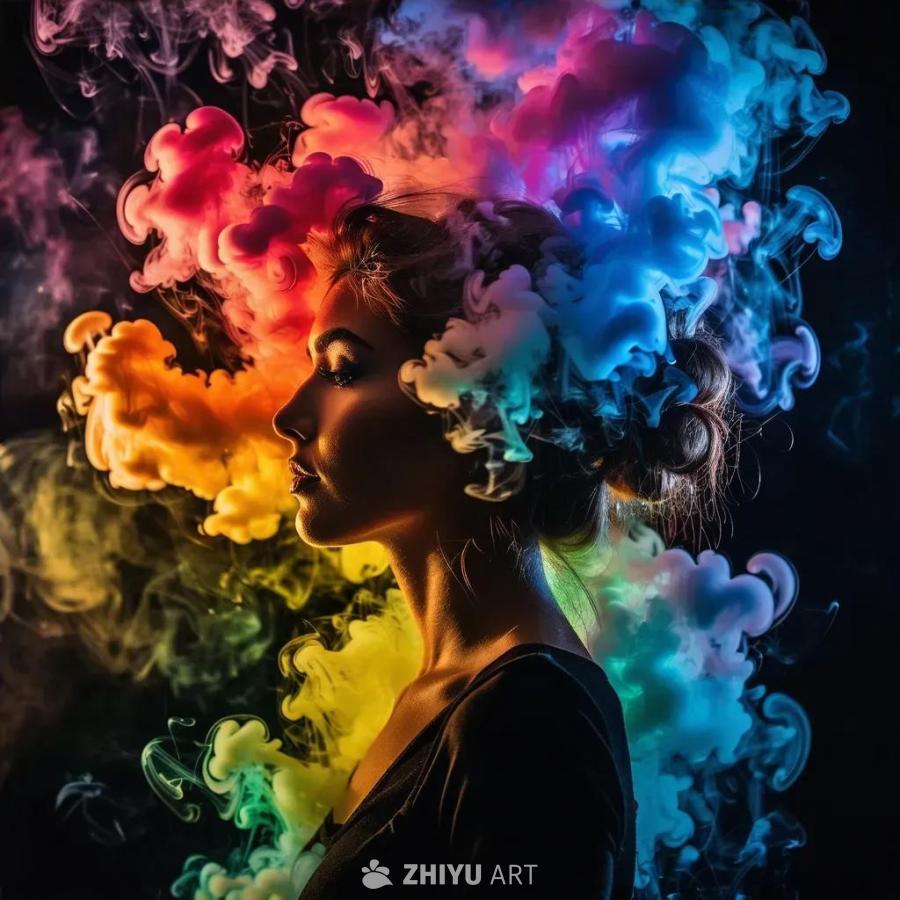 黑色的背景下，一个女人的侧脸轮廓由彩虹色的烟雾构成