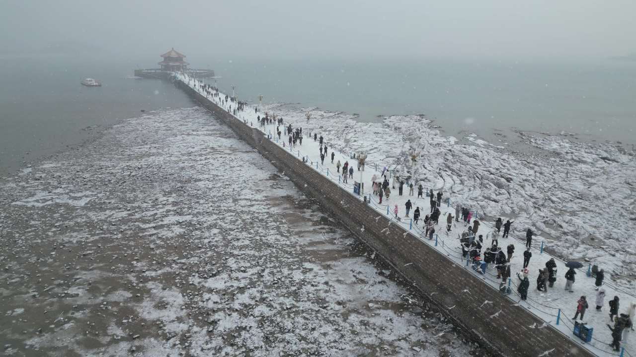 青岛市南老城区栈桥海边雪景航拍 5