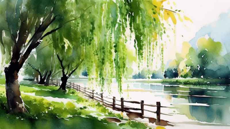河边柳树插画风景图 34