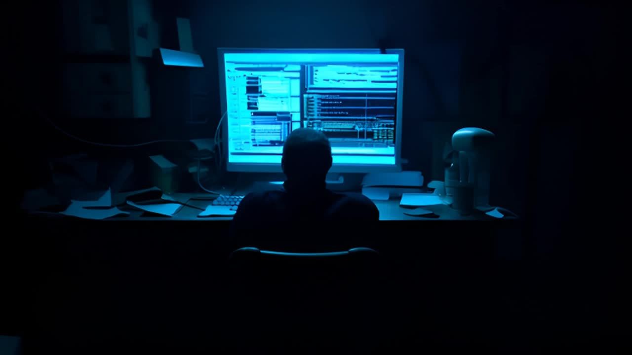 一个昏暗的房间里，唯一的光源来自电脑显示器，发出微