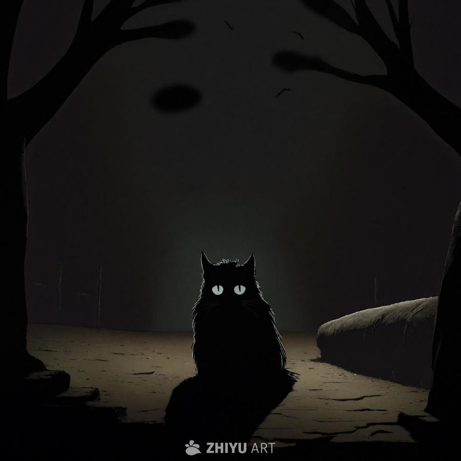 一只黑色的猫坐在一个黑暗的场景中，它的眼睛发出蓝色