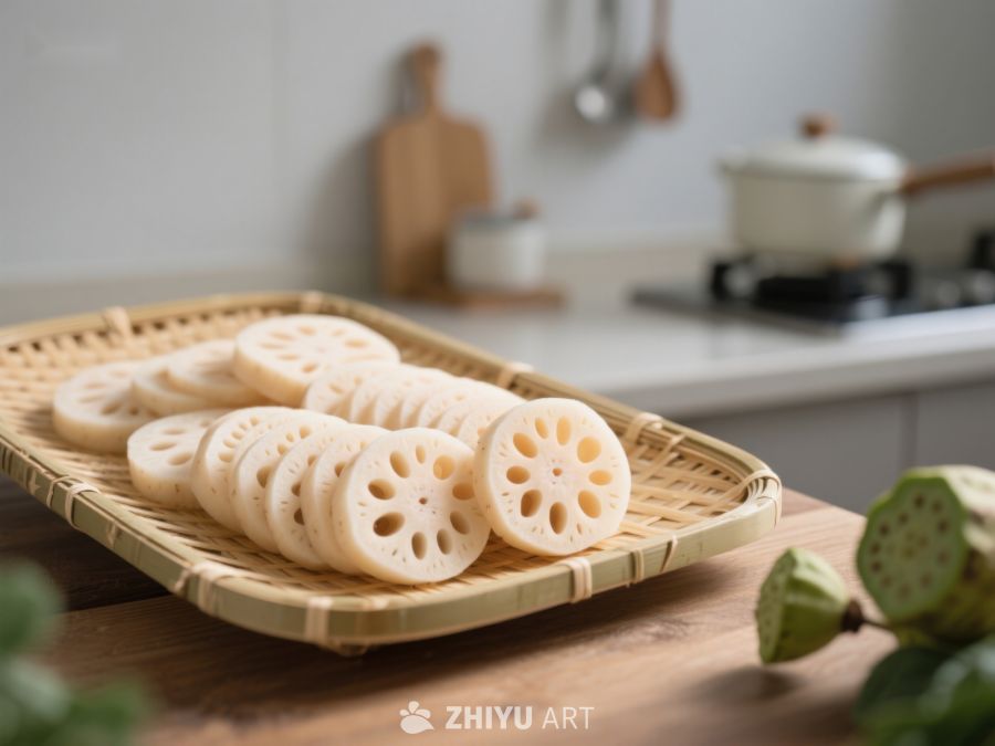 莲藕切片置于竹篮，厨房背景 175