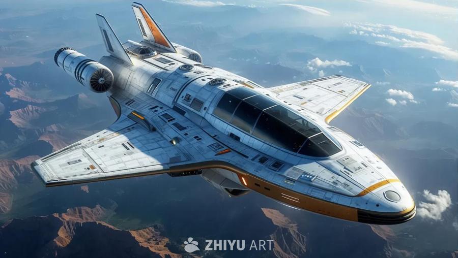 一架带有先进技术的宇宙飞船在广阔的风景上空飞行，地