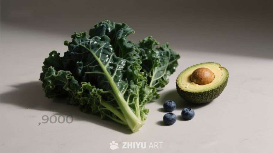 羽衣甘蓝牛油果蓝莓静物