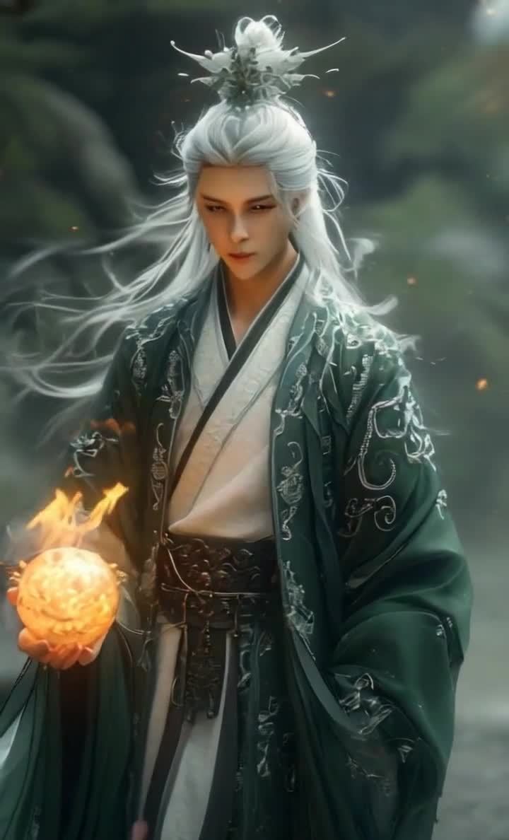 手持发光球的古风男子，身着汉服立于林中