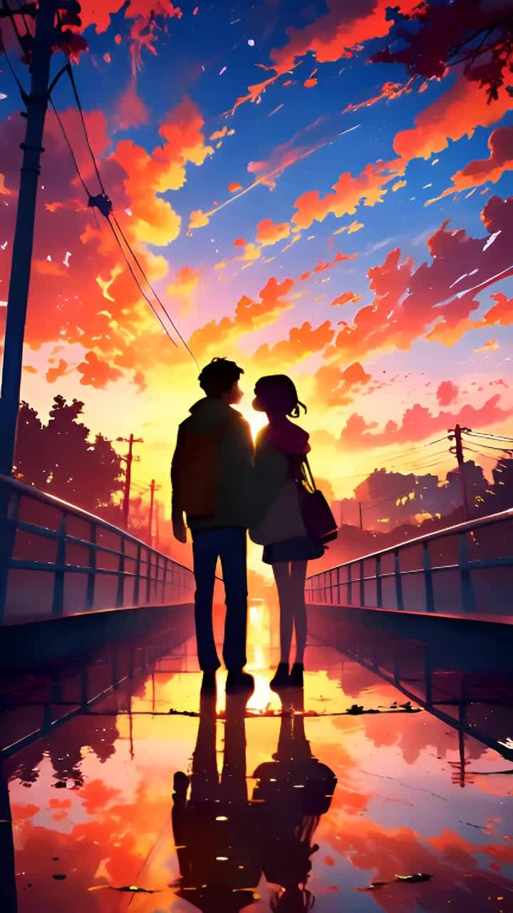 两个人站在桥上，背对着画面。天空是橙色和蓝色的，云