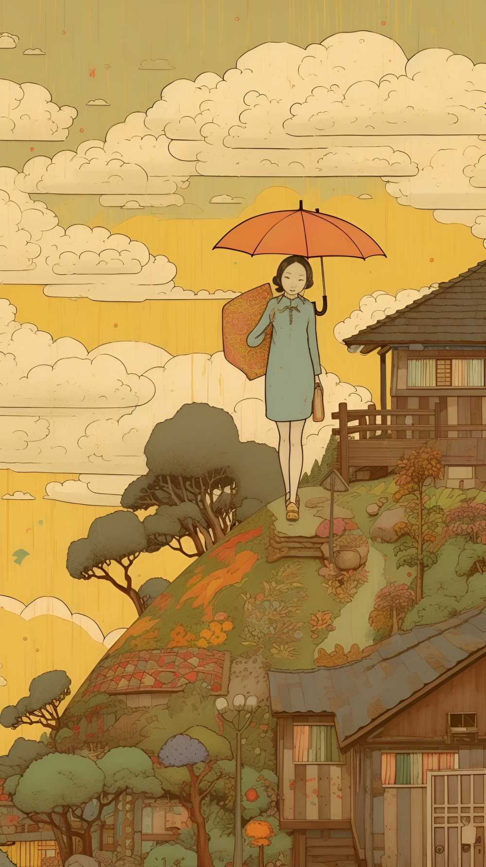 拿着伞的动画片女孩