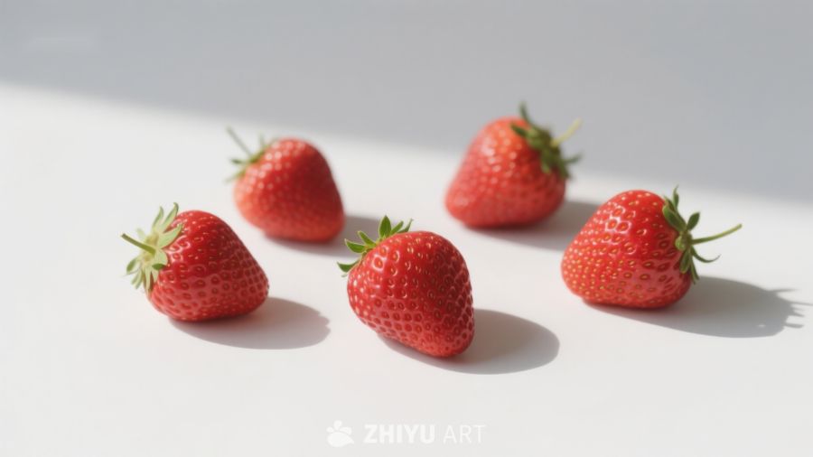 五颗新鲜草莓静置于白色背景 477
