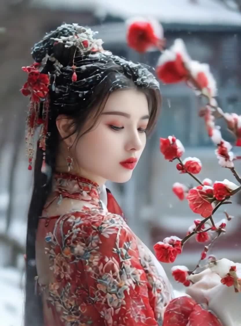 雪中红衣古装美人，眼神忧郁，花枝点缀。