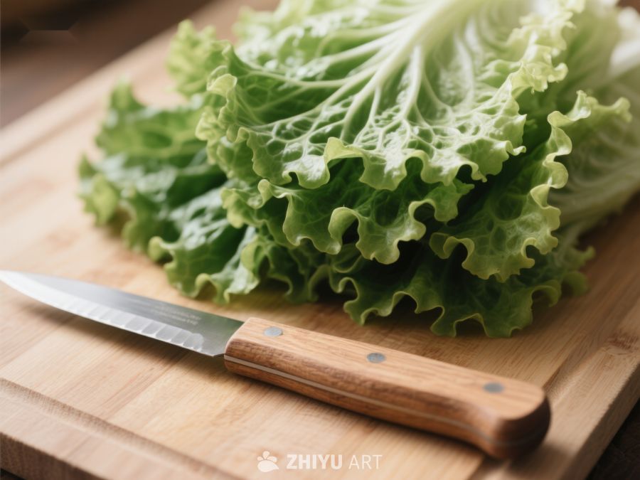 生菜与木柄刀置于砧板上 321