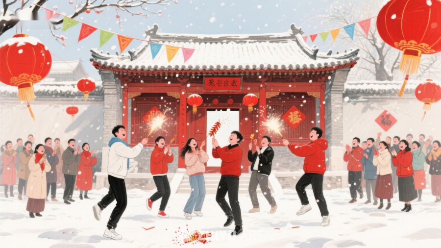 雪中欢庆春节，传统建筑前热闹非凡 1128