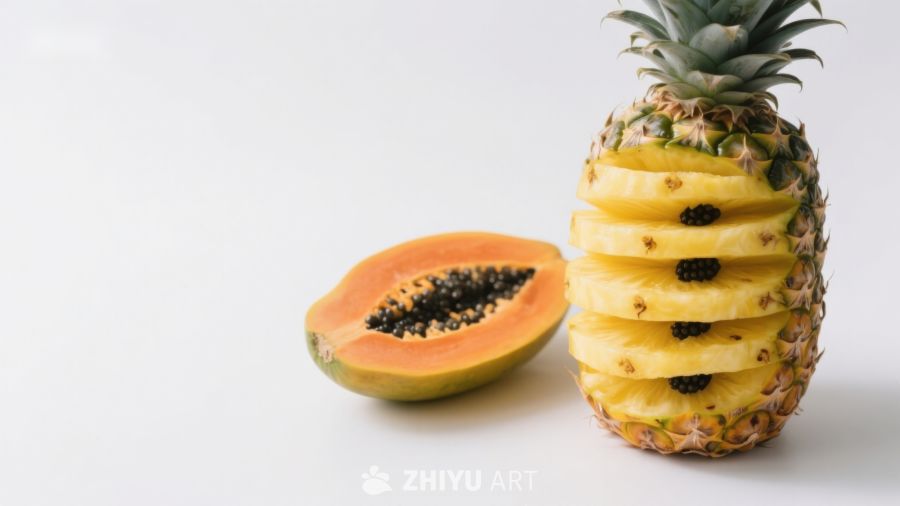 切片菠萝与半颗木瓜