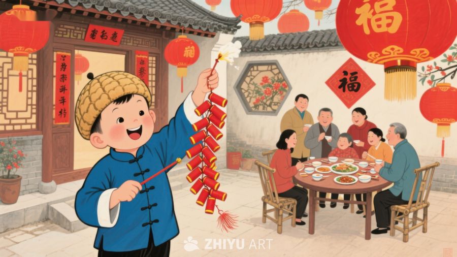 春节家庭欢聚，孩童燃放鞭炮 98