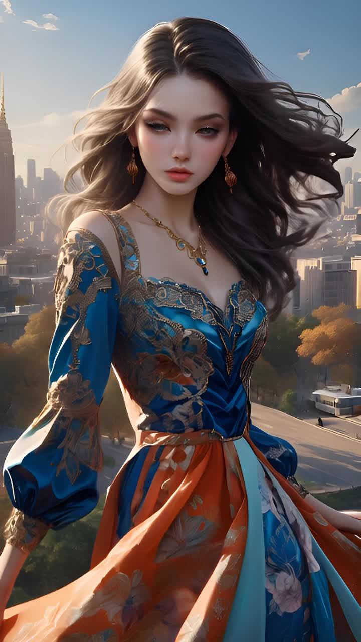 一位女士穿着蓝色和橙色的连衣裙，佩戴着金色项链和耳