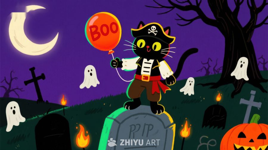 万圣节夜景：猫咪海盗与幽灵