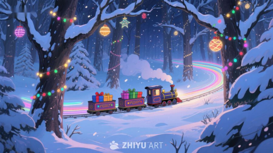 雪夜森林中的圣诞火车 385
