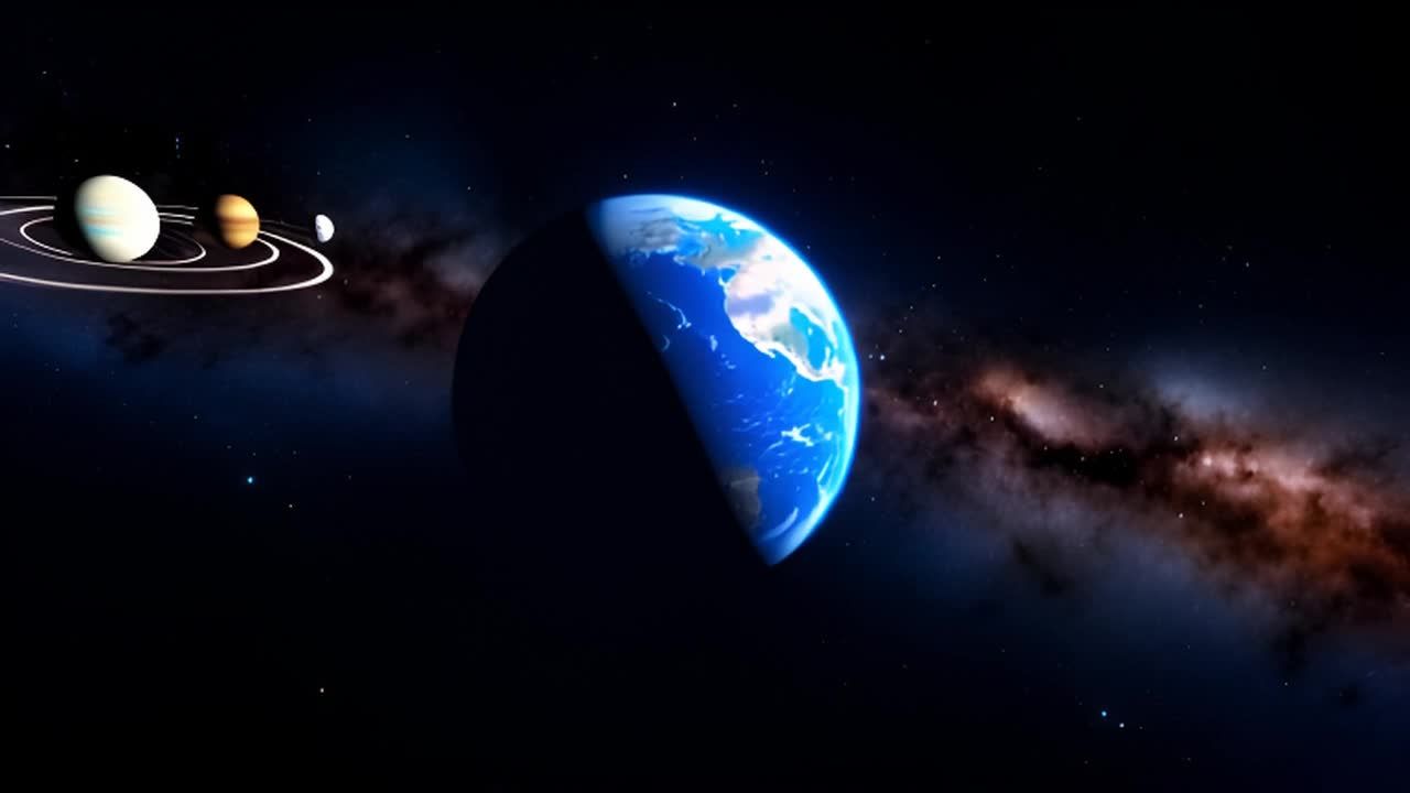 一个真实的地球天文视图，它在自转的同时，围绕太阳进