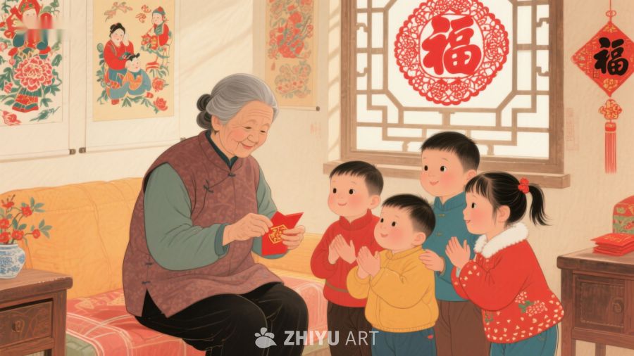 祖母给孩子们分发红包 1267