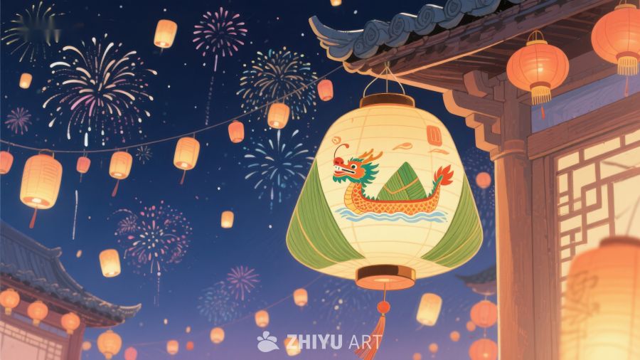 夜空下的传统灯笼与烟花 421