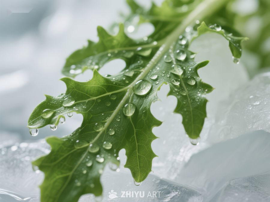 冰上滴水的绿叶 2